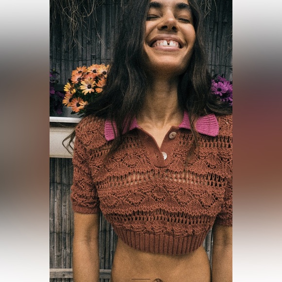 ZARA POINTELLE KNIT CROP TOP SZ S - Picture 2 of 8